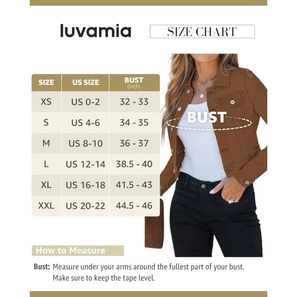 luvamia 2024 Cropped Jean Jackets for Women Fashion Short Denim Shacket Jacket Lightweight Fitted Stretchy with PocketsBrown