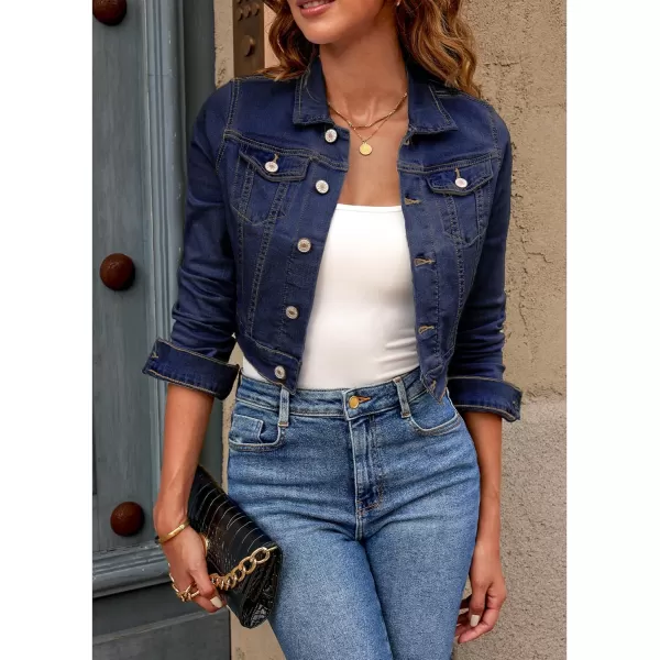 luvamia 2024 Cropped Jean Jackets for Women Fashion Short Denim Shacket Jacket Lightweight Fitted Stretchy with PocketsDark Blue