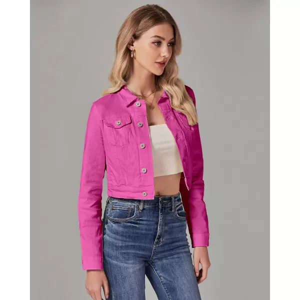 luvamia 2024 Cropped Jean Jackets for Women Fashion Short Denim Shacket Jacket Lightweight Fitted Stretchy with PocketsHot Pink