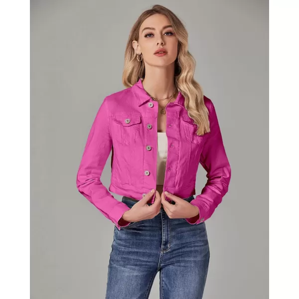 luvamia 2024 Cropped Jean Jackets for Women Fashion Short Denim Shacket Jacket Lightweight Fitted Stretchy with PocketsHot Pink