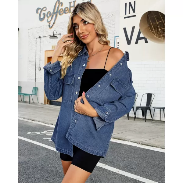 luvamia 2024 Jean Jackets for Women Fashion Oversized Button Down Denim Jacket Western Fall Shacket Jacket with PocketsClassic Blue