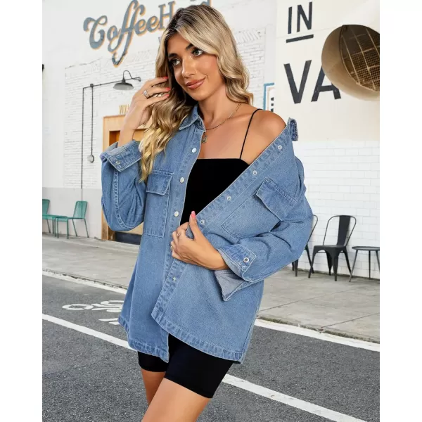 luvamia 2024 Jean Jackets for Women Fashion Oversized Button Down Denim Jacket Western Fall Shacket Jacket with PocketsMedium Blue