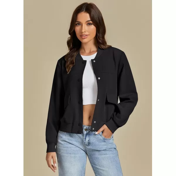 luvamia Bomber Jackets for Women Fall Casual Button Down Long Sleeves Trendy Varsity Jacket Outerwear Coat with PocketsBlack