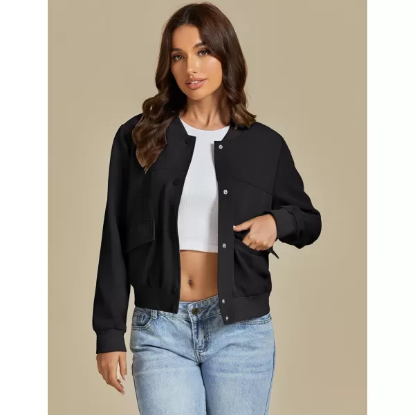 luvamia Bomber Jackets for Women Fall Casual Button Down Long Sleeves Trendy Varsity Jacket Outerwear Coat with PocketsBlack