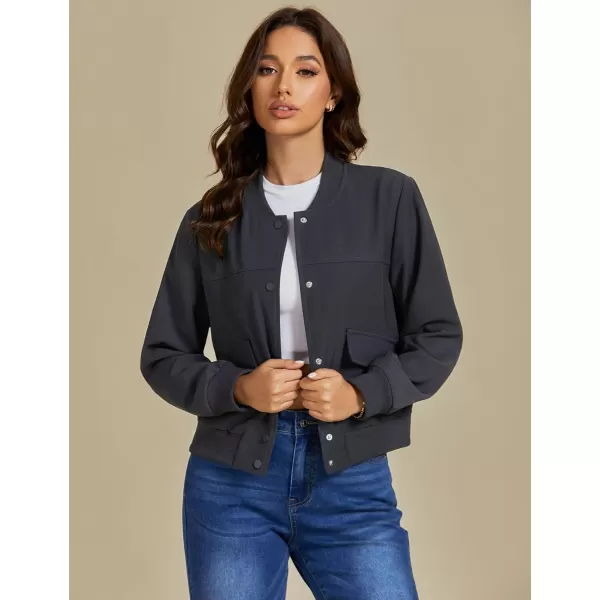 luvamia Bomber Jackets for Women Fall Casual Button Down Long Sleeves Trendy Varsity Jacket Outerwear Coat with PocketsCharcoal