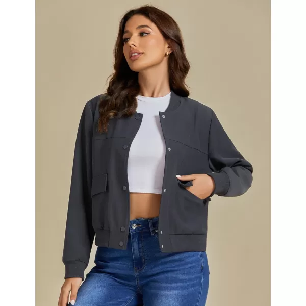 luvamia Bomber Jackets for Women Fall Casual Button Down Long Sleeves Trendy Varsity Jacket Outerwear Coat with PocketsCharcoal