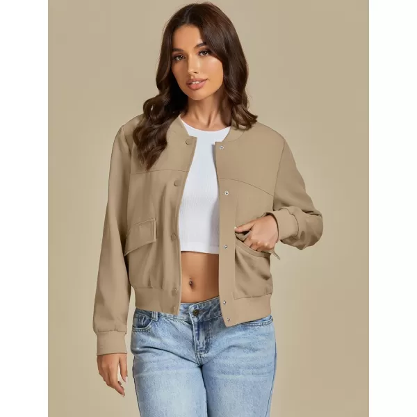 luvamia Bomber Jackets for Women Fall Casual Button Down Long Sleeves Trendy Varsity Jacket Outerwear Coat with PocketsKhaki