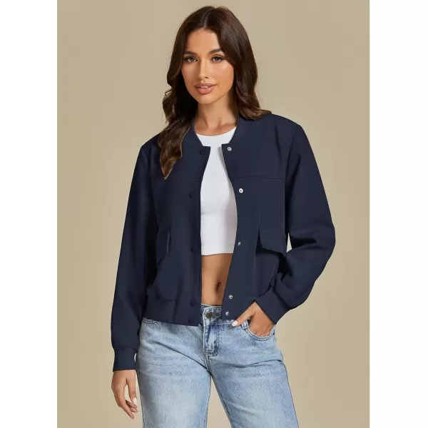 luvamia Bomber Jackets for Women Fall Casual Button Down Long Sleeves Trendy Varsity Jacket Outerwear Coat with PocketsNavy Blue