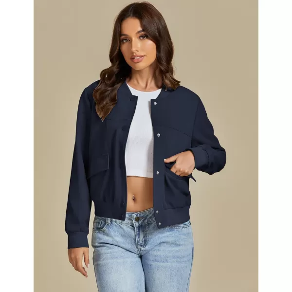 luvamia Bomber Jackets for Women Fall Casual Button Down Long Sleeves Trendy Varsity Jacket Outerwear Coat with PocketsNavy Blue