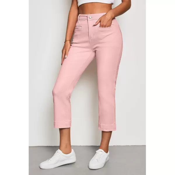 imageluvamia Capri Jeans for Women High Waisted Slim Straight Stretchy Denim Capris Pants Welt Pockets Casual Cropped JeansBlossom Pink