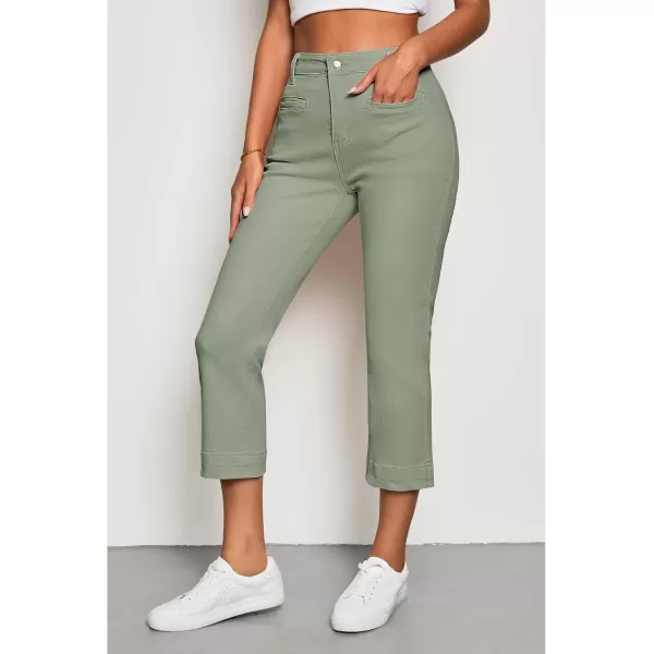 imageluvamia Capri Jeans for Women High Waisted Slim Straight Stretchy Denim Capris Pants Welt Pockets Casual Cropped JeansOlive Green