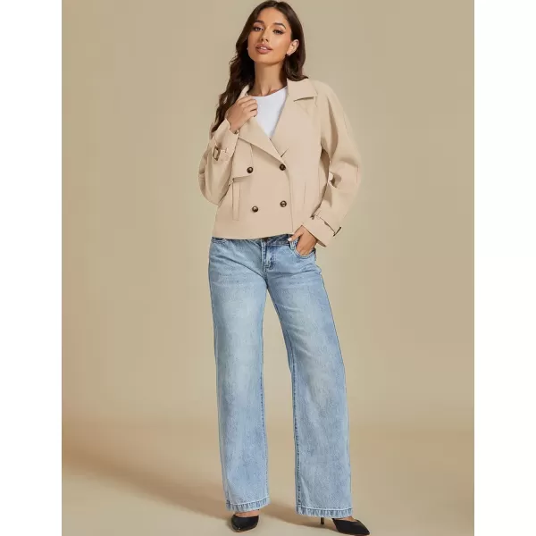 luvamia Cropped Trench Coat for Women Long Sleeve Double Breasted Notched Lapel Casual Loose Fit Jackets with PocketsBeige