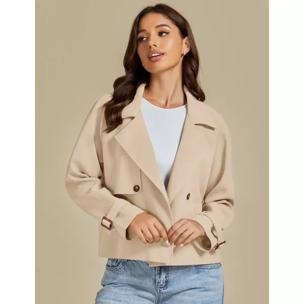 luvamia Cropped Trench Coat for Women Long Sleeve Double Breasted Notched Lapel Casual Loose Fit Jackets with PocketsBeige