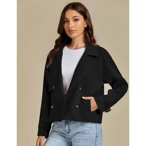 luvamia Cropped Trench Coat for Women Long Sleeve Double Breasted Notched Lapel Casual Loose Fit Jackets with PocketsBlack