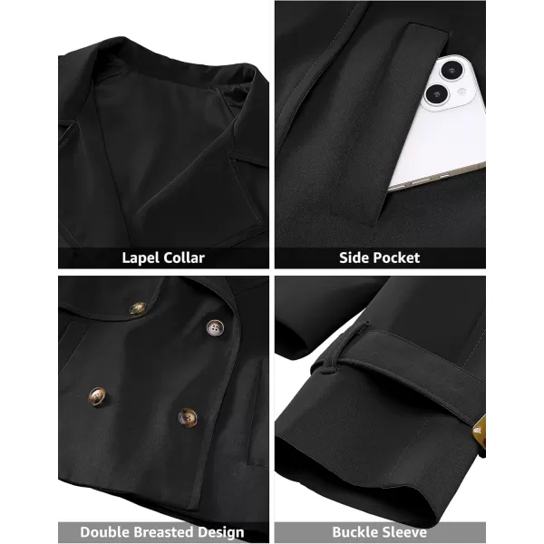 luvamia Cropped Trench Coat for Women Long Sleeve Double Breasted Notched Lapel Casual Loose Fit Jackets with PocketsBlack