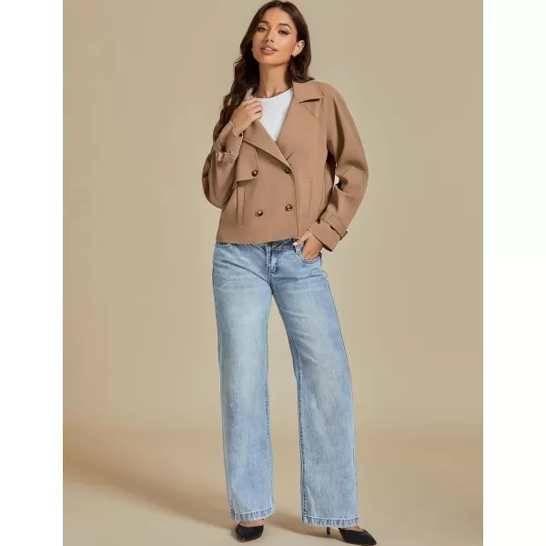 luvamia Cropped Trench Coat for Women Long Sleeve Double Breasted Notched Lapel Casual Loose Fit Jackets with PocketsCamel