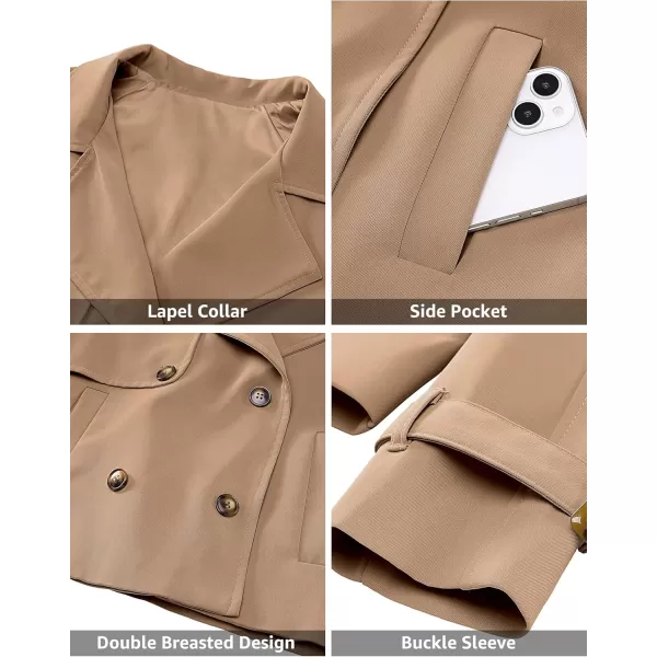 luvamia Cropped Trench Coat for Women Long Sleeve Double Breasted Notched Lapel Casual Loose Fit Jackets with PocketsCamel