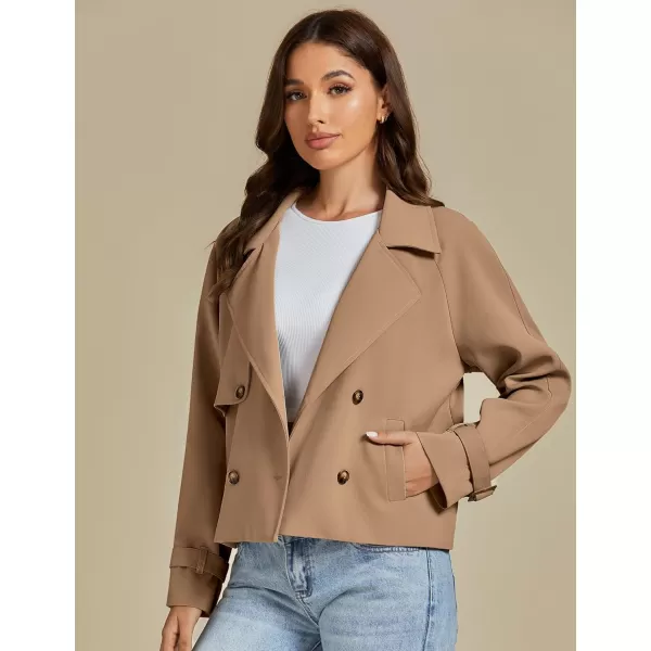 luvamia Cropped Trench Coat for Women Long Sleeve Double Breasted Notched Lapel Casual Loose Fit Jackets with PocketsCamel