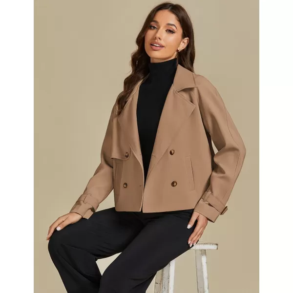 luvamia Cropped Trench Coat for Women Long Sleeve Double Breasted Notched Lapel Casual Loose Fit Jackets with PocketsCamel