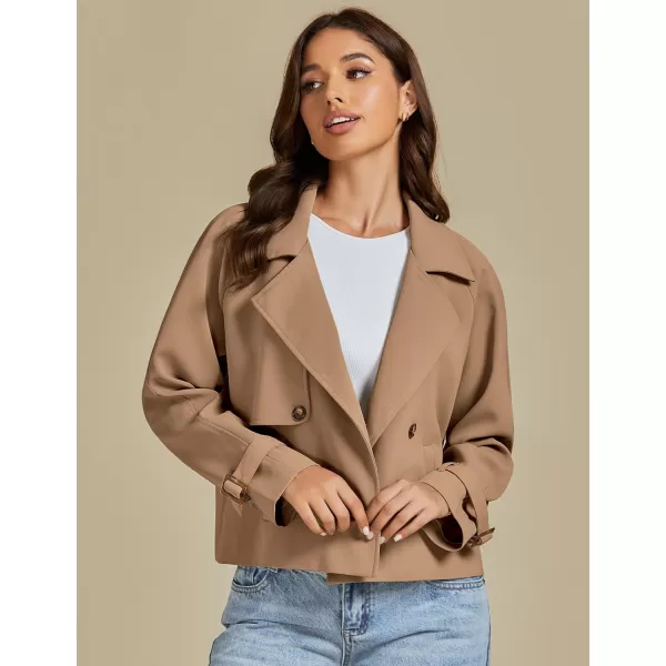 luvamia Cropped Trench Coat for Women Long Sleeve Double Breasted Notched Lapel Casual Loose Fit Jackets with PocketsCamel