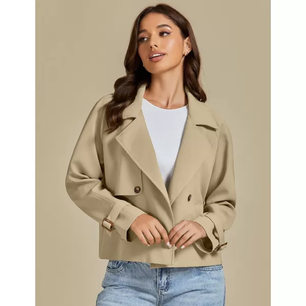 luvamia Cropped Trench Coat for Women Long Sleeve Double Breasted Notched Lapel Casual Loose Fit Jackets with PocketsKhaki