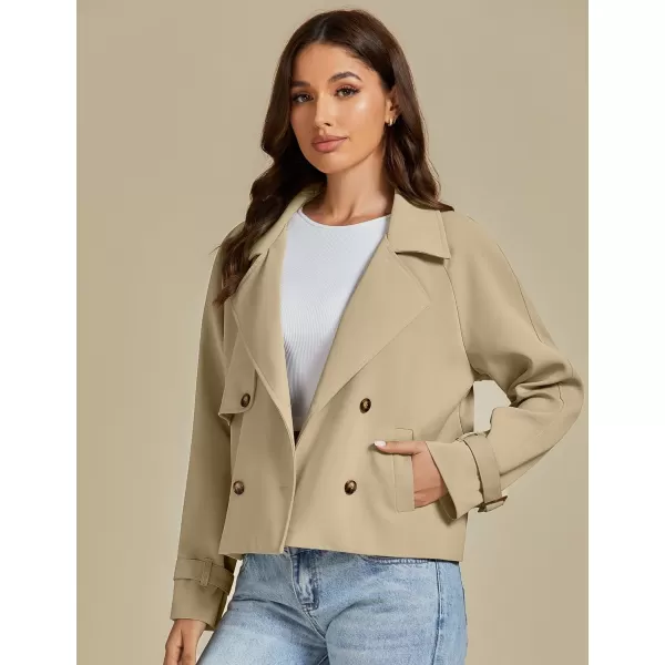 luvamia Cropped Trench Coat for Women Long Sleeve Double Breasted Notched Lapel Casual Loose Fit Jackets with PocketsKhaki