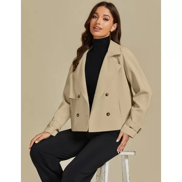 luvamia Cropped Trench Coat for Women Long Sleeve Double Breasted Notched Lapel Casual Loose Fit Jackets with PocketsKhaki