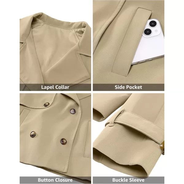 luvamia Cropped Trench Coat for Women Long Sleeve Double Breasted Notched Lapel Casual Loose Fit Jackets with PocketsKhaki