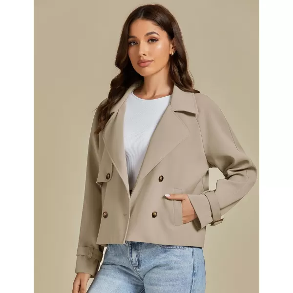 luvamia Cropped Trench Coat for Women Long Sleeve Double Breasted Notched Lapel Casual Loose Fit Jackets with PocketsLight Taupe