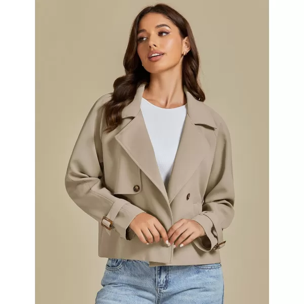 luvamia Cropped Trench Coat for Women Long Sleeve Double Breasted Notched Lapel Casual Loose Fit Jackets with PocketsLight Taupe