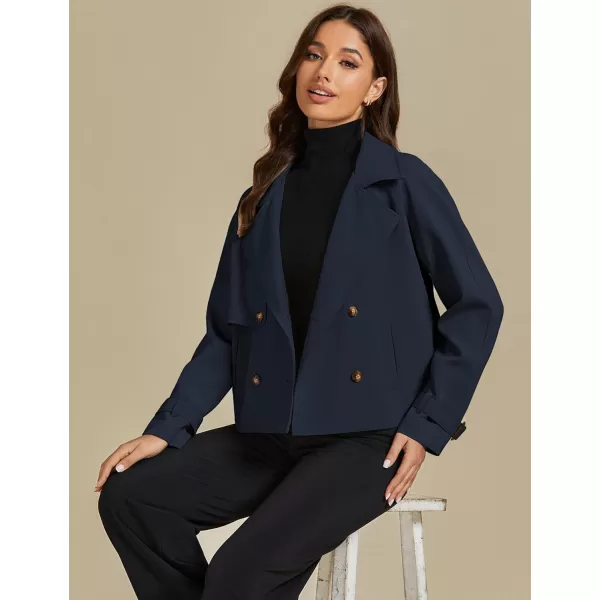 luvamia Cropped Trench Coat for Women Long Sleeve Double Breasted Notched Lapel Casual Loose Fit Jackets with PocketsNavy Blue