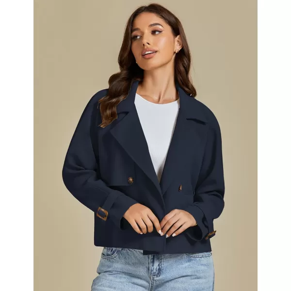 luvamia Cropped Trench Coat for Women Long Sleeve Double Breasted Notched Lapel Casual Loose Fit Jackets with PocketsNavy Blue