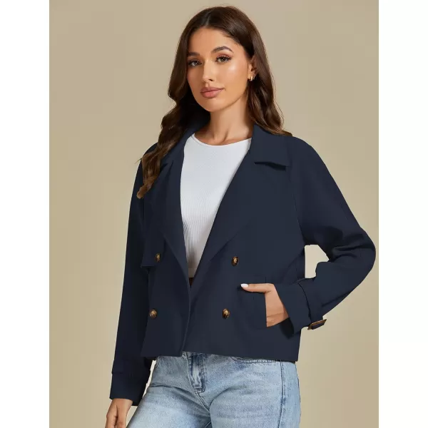 luvamia Cropped Trench Coat for Women Long Sleeve Double Breasted Notched Lapel Casual Loose Fit Jackets with PocketsNavy Blue