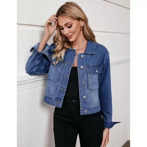 luvamia Denim Jacket for Women Cargo Pocket Lightweight Cropped Jean Jackets Oversized Trucker Shacket Trendy FashionClassic Blue