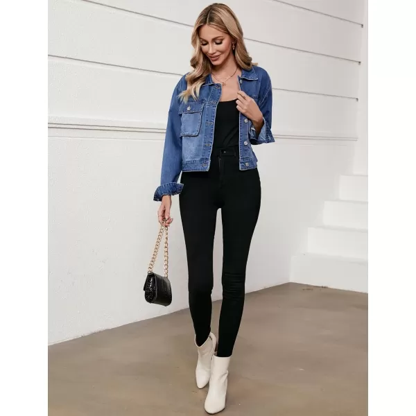 luvamia Denim Jacket for Women Cargo Pocket Lightweight Cropped Jean Jackets Oversized Trucker Shacket Trendy FashionClassic Blue