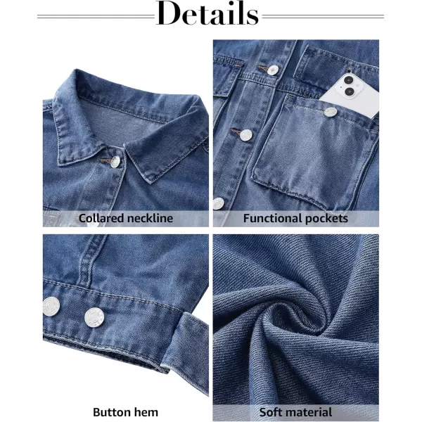 luvamia Denim Jacket for Women Cargo Pocket Lightweight Cropped Jean Jackets Oversized Trucker Shacket Trendy FashionClassic Blue