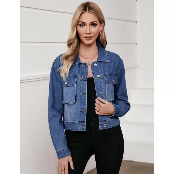 luvamia Denim Jacket for Women Cargo Pocket Lightweight Cropped Jean Jackets Oversized Trucker Shacket Trendy FashionClassic Blue