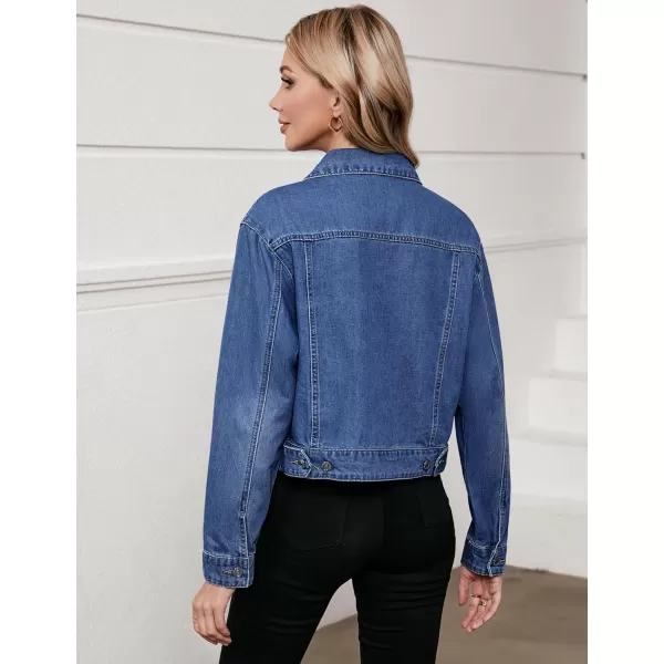 luvamia Denim Jacket for Women Cargo Pocket Lightweight Cropped Jean Jackets Oversized Trucker Shacket Trendy FashionClassic Blue