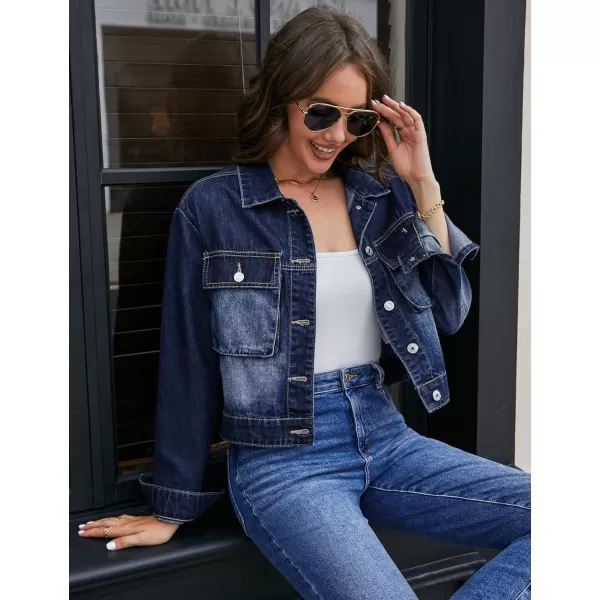 luvamia Denim Jacket for Women Cargo Pocket Lightweight Cropped Jean Jackets Oversized Trucker Shacket Trendy FashionDarkness Blue