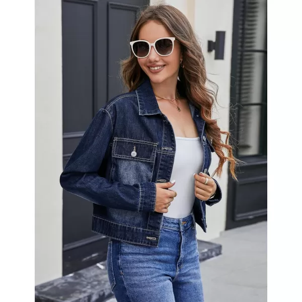 luvamia Denim Jacket for Women Cargo Pocket Lightweight Cropped Jean Jackets Oversized Trucker Shacket Trendy FashionDarkness Blue