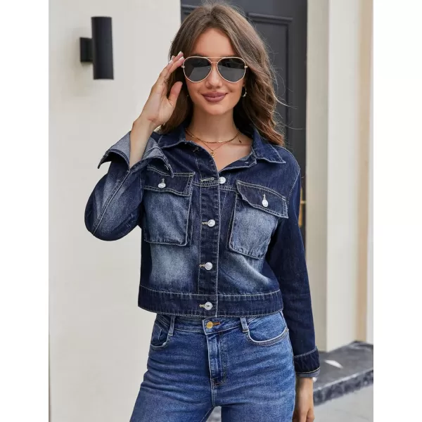 luvamia Denim Jacket for Women Cargo Pocket Lightweight Cropped Jean Jackets Oversized Trucker Shacket Trendy FashionDarkness Blue