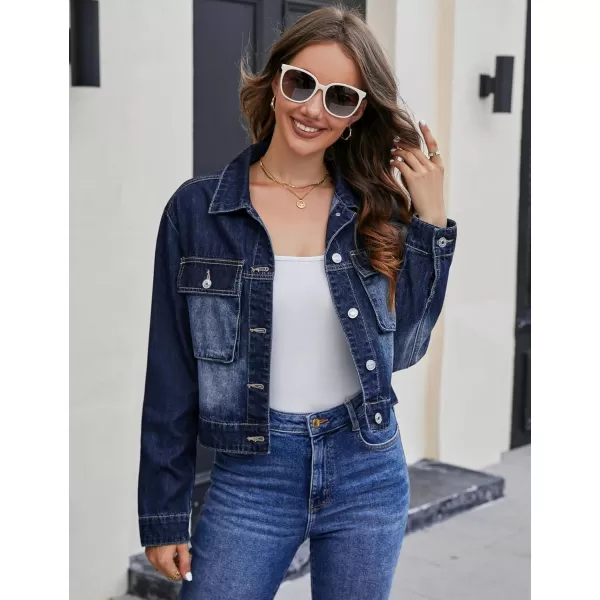 luvamia Denim Jacket for Women Cargo Pocket Lightweight Cropped Jean Jackets Oversized Trucker Shacket Trendy FashionDarkness Blue