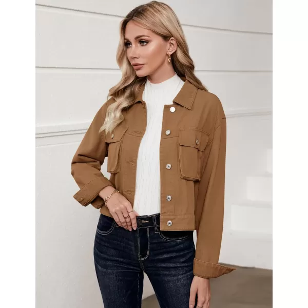 luvamia Denim Jacket for Women Cargo Pocket Lightweight Cropped Jean Jackets Oversized Trucker Shacket Trendy FashionIced Coffee
