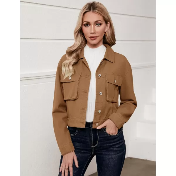 luvamia Denim Jacket for Women Cargo Pocket Lightweight Cropped Jean Jackets Oversized Trucker Shacket Trendy FashionIced Coffee