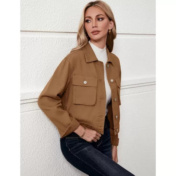 luvamia Denim Jacket for Women Cargo Pocket Lightweight Cropped Jean Jackets Oversized Trucker Shacket Trendy FashionIced Coffee