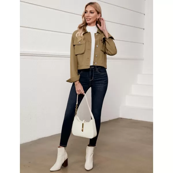 luvamia Denim Jacket for Women Cargo Pocket Lightweight Cropped Jean Jackets Oversized Trucker Shacket Trendy FashionKhaki