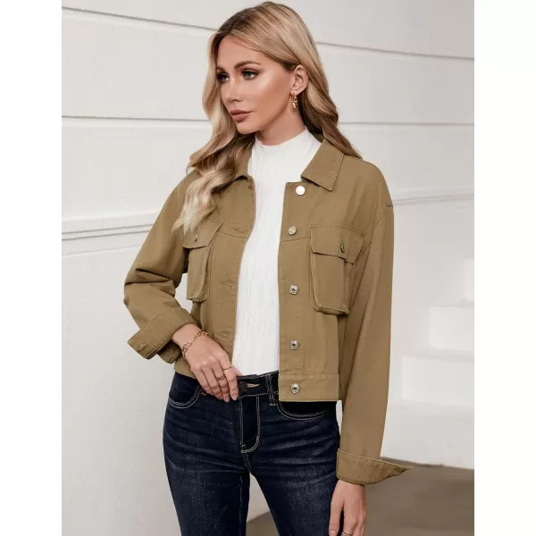 luvamia Denim Jacket for Women Cargo Pocket Lightweight Cropped Jean Jackets Oversized Trucker Shacket Trendy FashionKhaki