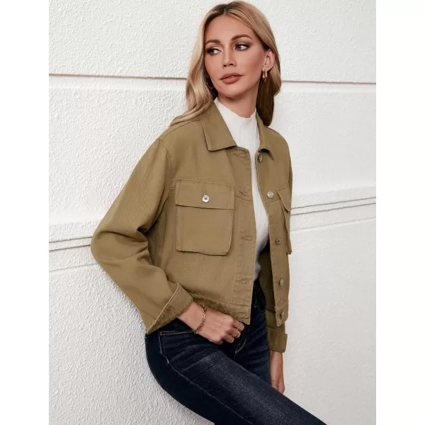 luvamia Denim Jacket for Women Cargo Pocket Lightweight Cropped Jean Jackets Oversized Trucker Shacket Trendy FashionKhaki
