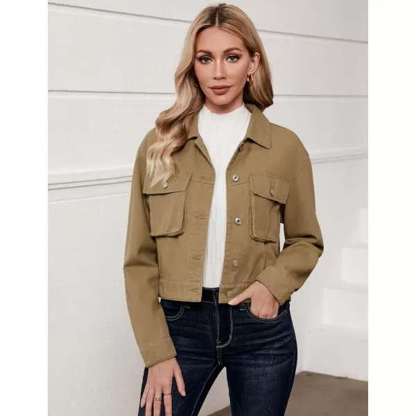 luvamia Denim Jacket for Women Cargo Pocket Lightweight Cropped Jean Jackets Oversized Trucker Shacket Trendy FashionKhaki