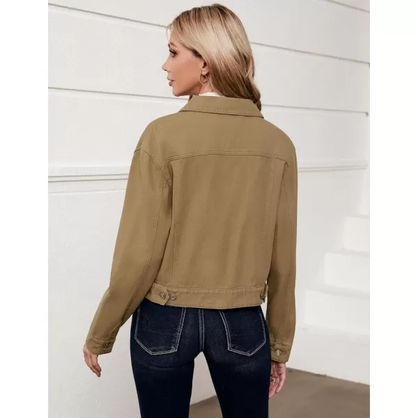 luvamia Denim Jacket for Women Cargo Pocket Lightweight Cropped Jean Jackets Oversized Trucker Shacket Trendy FashionKhaki